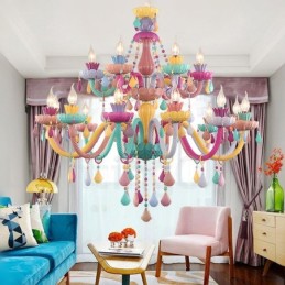 Lámpara de araña Macaron de 18 (12+6) luces con vela de cristal multicolor, estilo mini para niños.