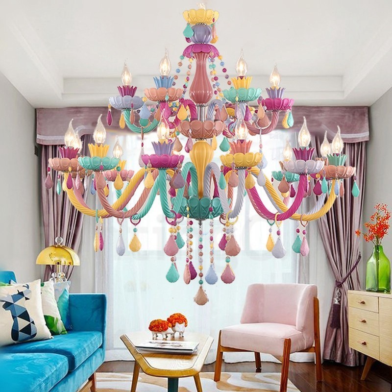 Lámpara de araña Macaron de 18 (12+6) luces con vela de cristal multicolor, estilo mini para niños.
