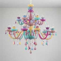 Lámpara de araña Macaron de 18 (12+6) luces con vela de cristal multicolor, estilo mini para niños.