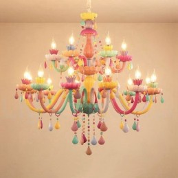 Lámpara de araña Macaron de 18 (12+6) luces con vela de cristal multicolor, estilo mini para niños.