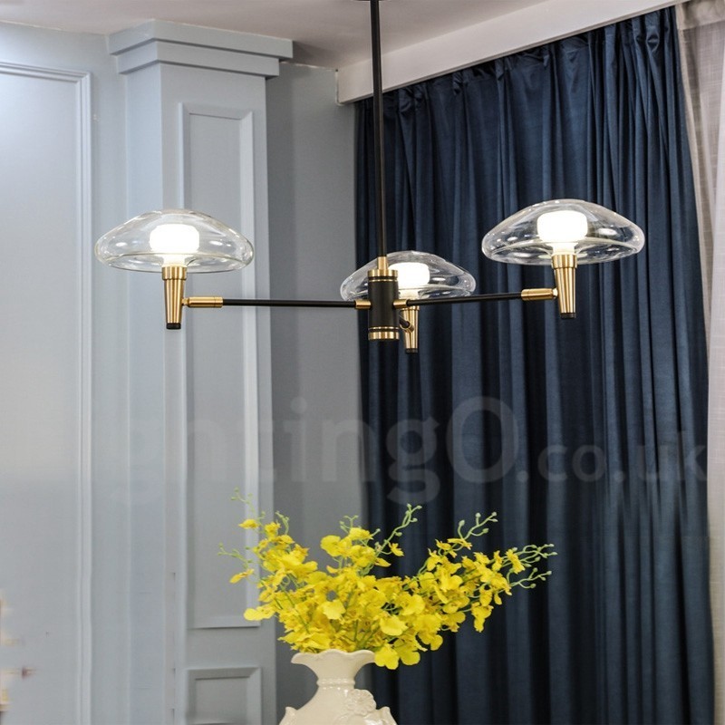 Lámpara de araña de 3 luces estilo mini, estilo uplight, con acabado galvanizado y pintado, y pantallas de vidrio.