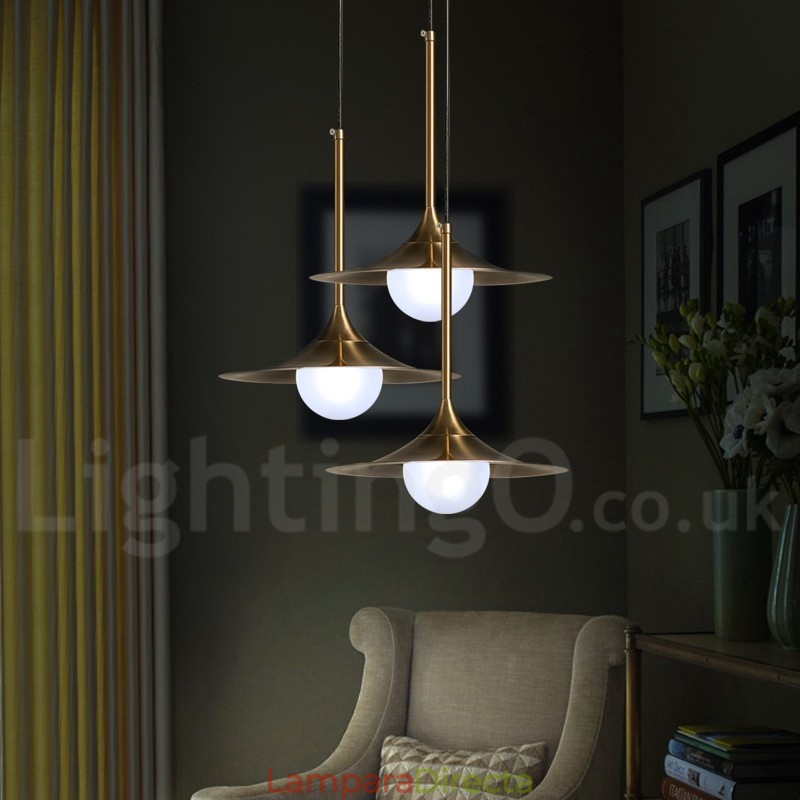 Lámpara colgante estilo industrial, estilo mini, dorada, galvanizada, con acabado pintado y pantalla de vidrio.