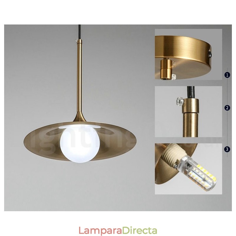 Lámpara colgante estilo industrial, estilo mini, dorada, galvanizada, con acabado pintado y pantalla de vidrio.
