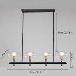 Lámpara de araña lineal de 4 luces con acabado galvanizado y pantallas de vidrio.