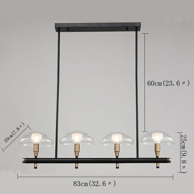 Lámpara de araña lineal de 4 luces con acabado galvanizado y pantallas de vidrio.