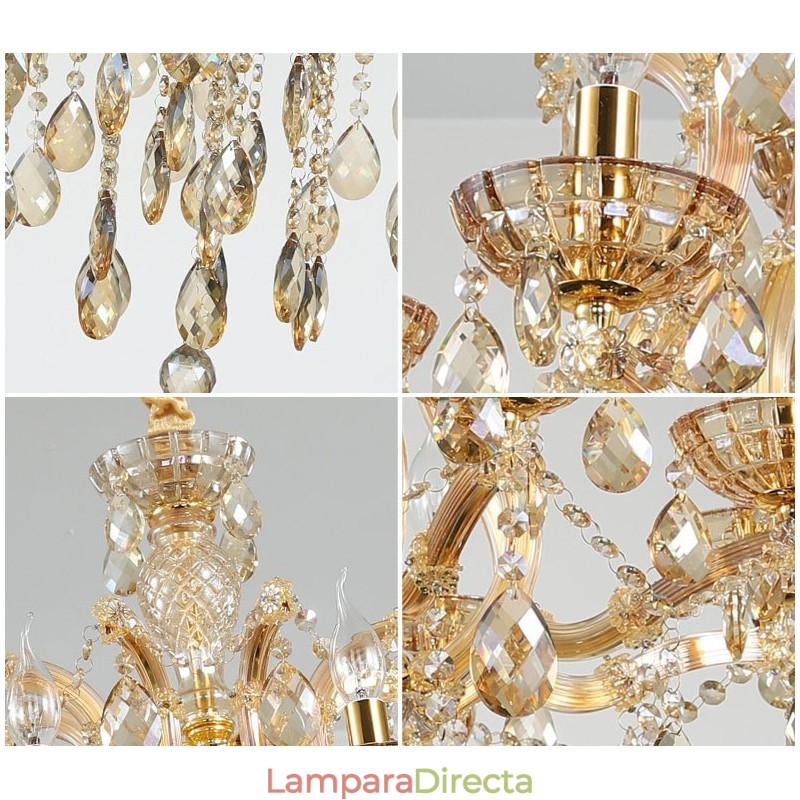 Lámpara de araña de cristal color coñac de 18 (12+6) luces