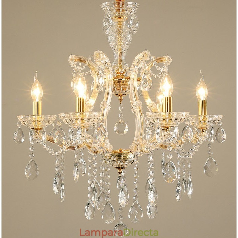 Candelabro de cristal dorado de 6 luces