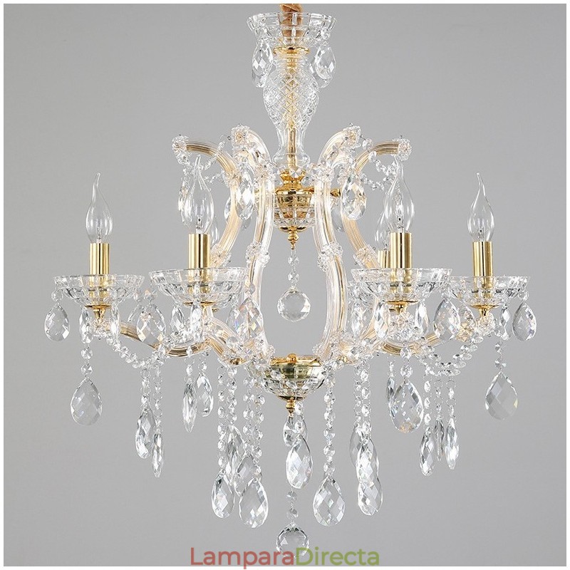Candelabro de cristal dorado de 6 luces
