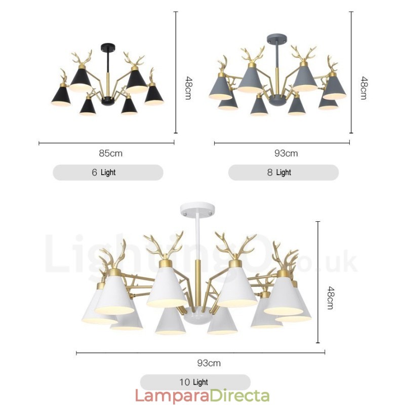 Lámpara de araña nórdica moderna con astas y macarrón de 6 luces