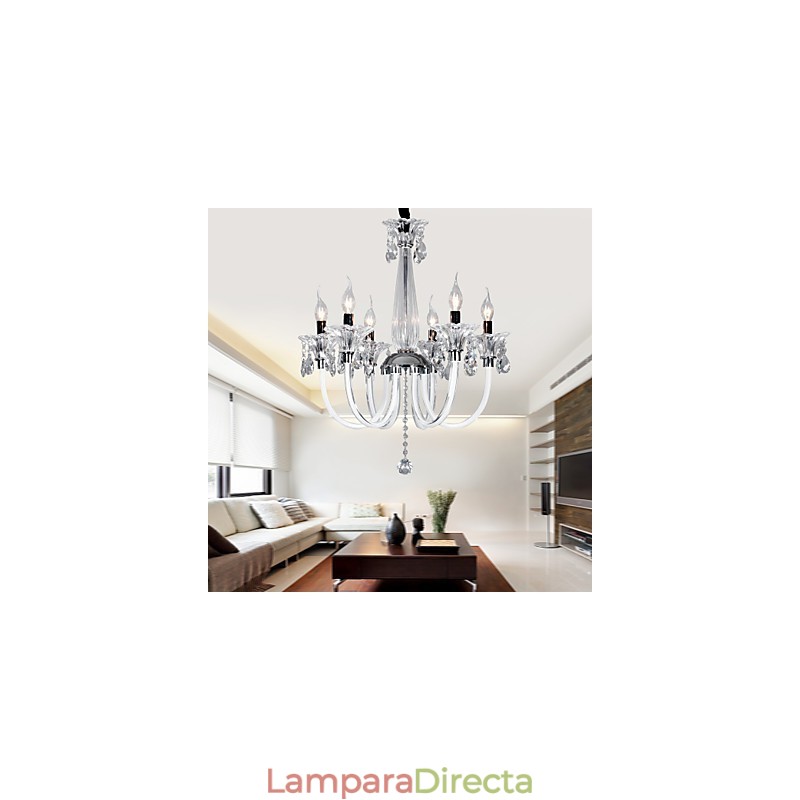 Elegante lámpara de araña de cristal con 6 luces y bombilla tipo vela