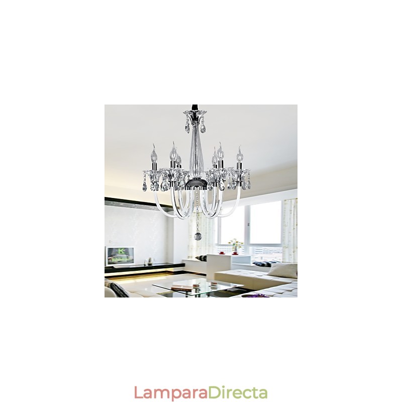 Elegante lámpara de araña de cristal con 6 luces y bombilla tipo vela