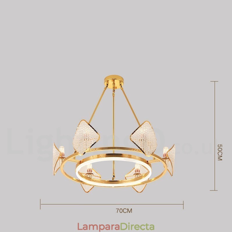 Lámpara colgante de cristal K9 redonda de lujo posmoderna dorada con pantalla acrílica para sala de exposiciones