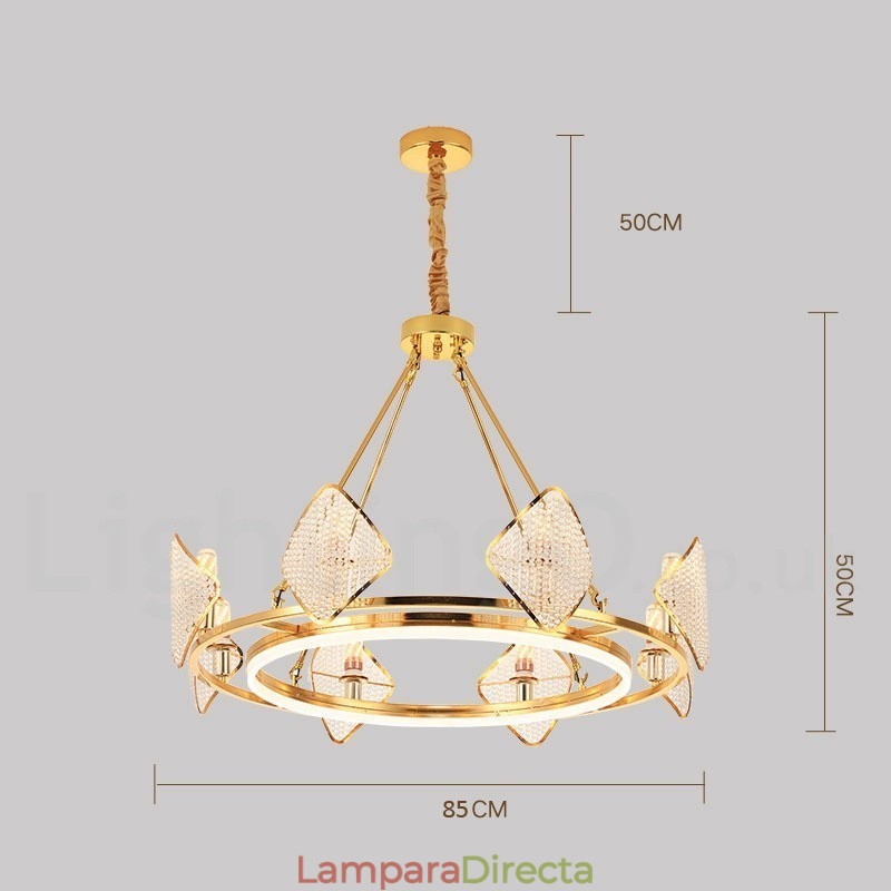 Lámpara colgante de cristal K9 redonda de lujo posmoderna dorada con pantalla acrílica para sala de exposiciones