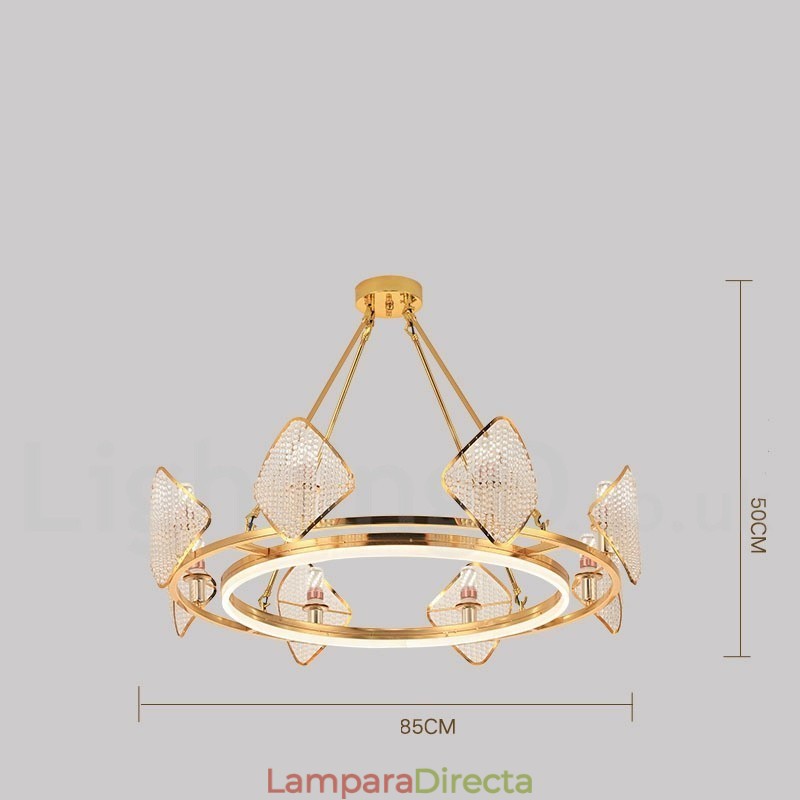 Lámpara colgante de cristal K9 redonda de lujo posmoderna dorada con pantalla acrílica para sala de exposiciones