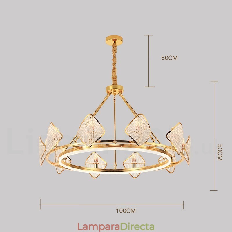 Lámpara colgante de cristal K9 redonda de lujo posmoderna dorada con pantalla acrílica para sala de exposiciones