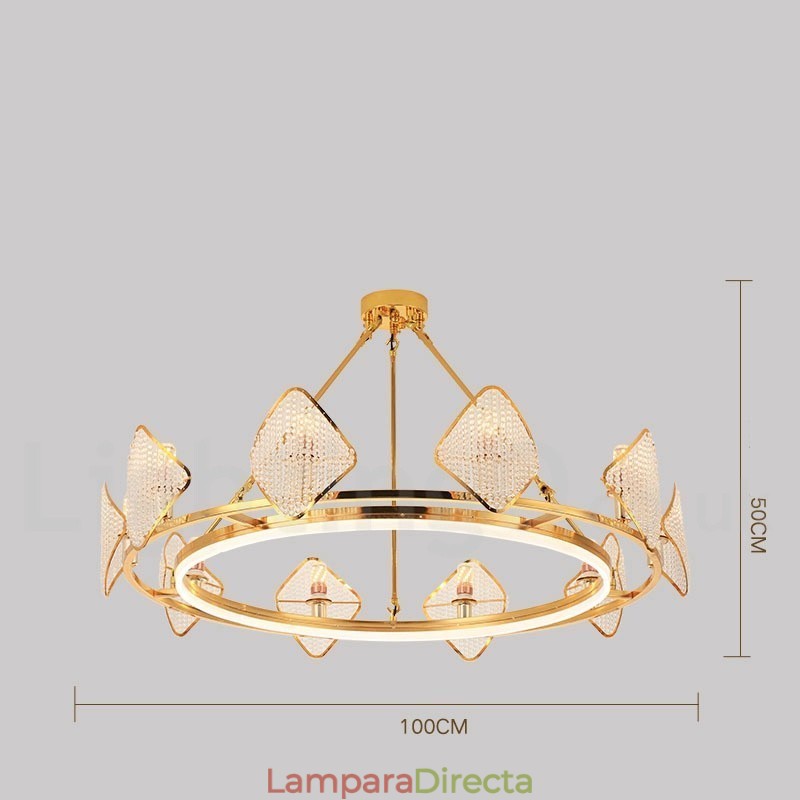 Lámpara colgante de cristal K9 redonda de lujo posmoderna dorada con pantalla acrílica para sala de exposiciones