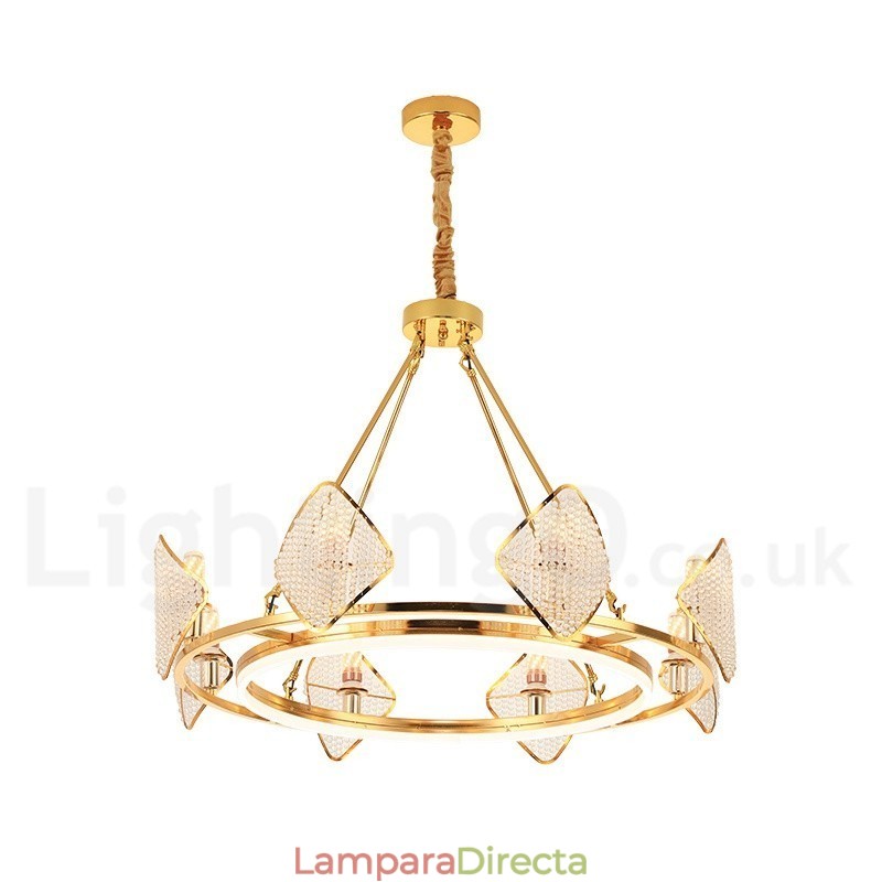 Lámpara colgante de cristal K9 redonda de lujo posmoderna dorada con pantalla acrílica para sala de exposiciones