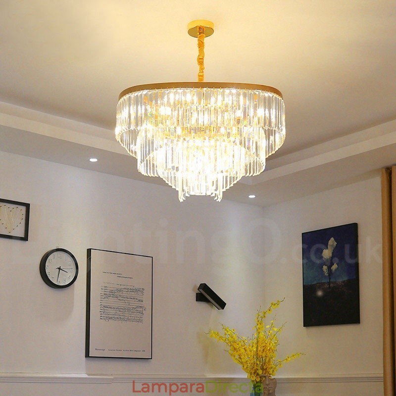 Lámpara colgante redonda de cristal K9 de lujo posmoderna dorada para sala de exposiciones