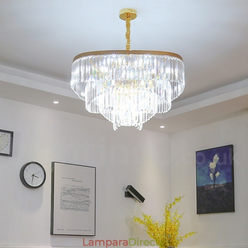 Lámpara colgante redonda de cristal K9 de lujo posmoderna dorada para sala de exposiciones