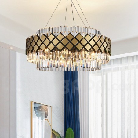 Lámpara colgante de lujo moderna de cristal K9 redondo dorado y negro para sala de exposiciones Lámpara colgante de lujo moderna de cristal K9 redondo dorado y negro para sala de exposiciones