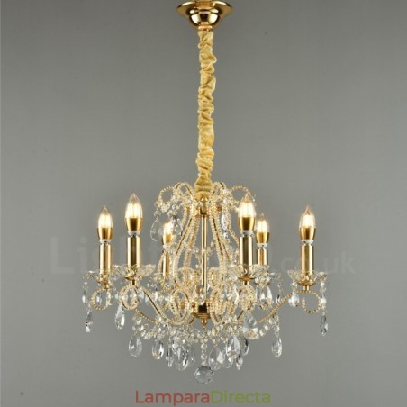 Lámpara colgante de cristal estilo americano de 6 luces doradas y plateadas. Lámpara colgante de cristal estilo americano de 6 luces doradas y plateadas.