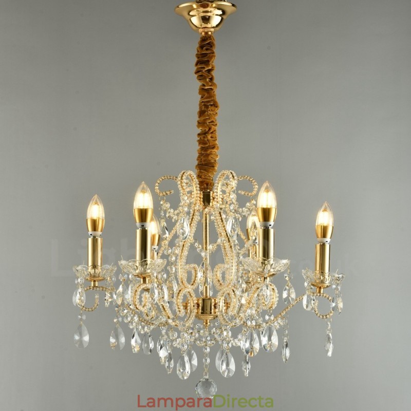 Lámpara colgante de cristal estilo americano de 6 luces doradas y plateadas.