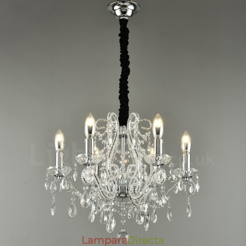 Lámpara colgante de cristal estilo americano de 6 luces doradas y plateadas.