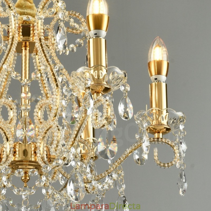 Lámpara colgante de cristal estilo americano de 6 luces doradas y plateadas.
