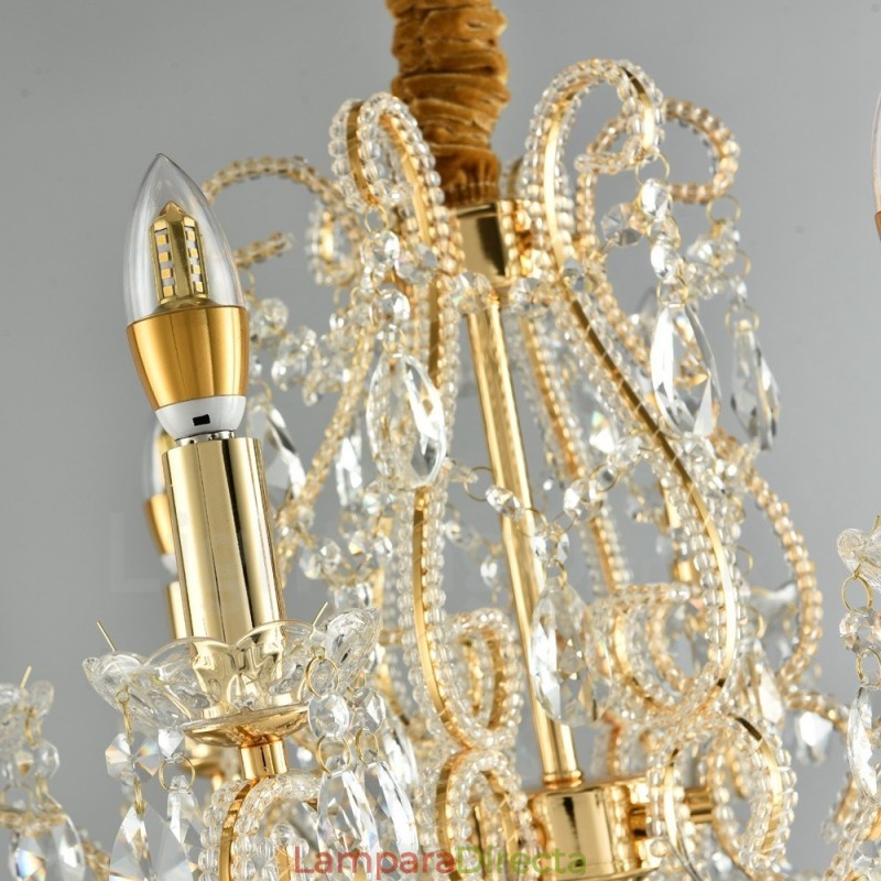 Lámpara colgante de cristal estilo americano de 6 luces doradas y plateadas.