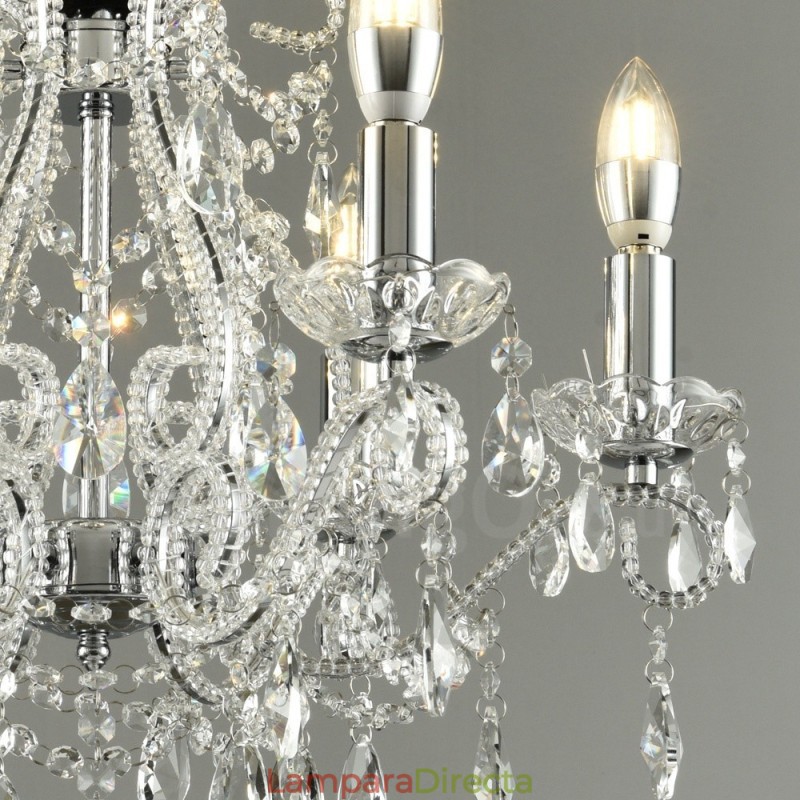 Lámpara colgante de cristal estilo americano de 6 luces doradas y plateadas.