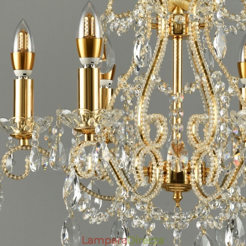 Lámpara colgante de cristal estilo americano de 6 luces doradas y plateadas.