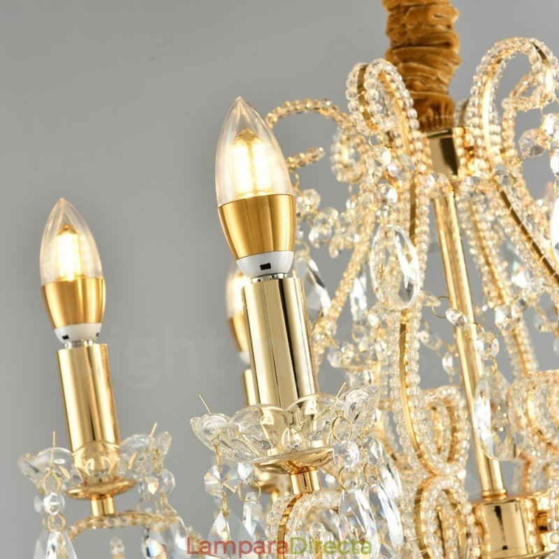 Lámpara colgante de cristal estilo americano de 6 luces doradas y plateadas.