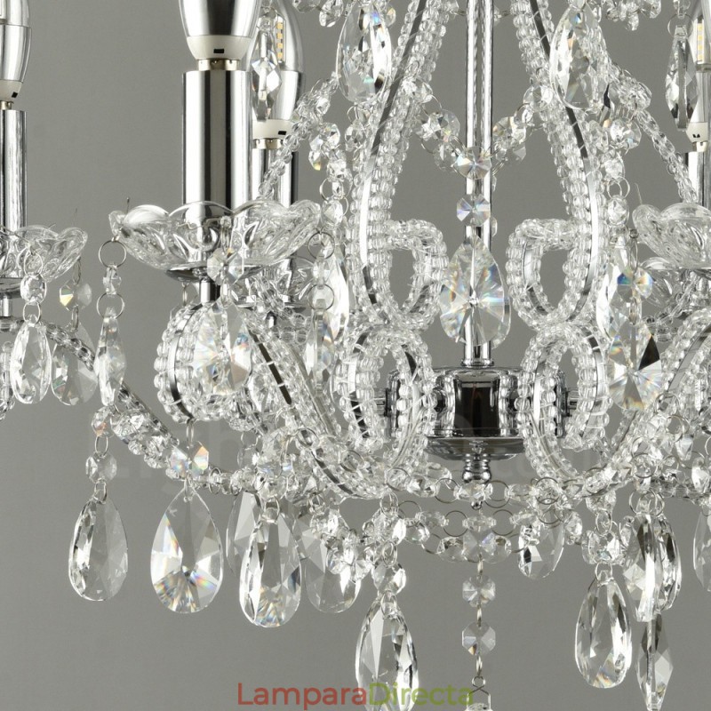 Lámpara colgante de cristal estilo americano de 6 luces doradas y plateadas.