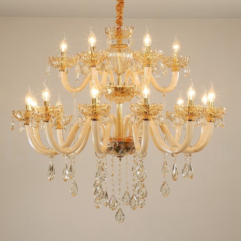 Candelabro de cristal elegante color champán de 18 (12+6) luces