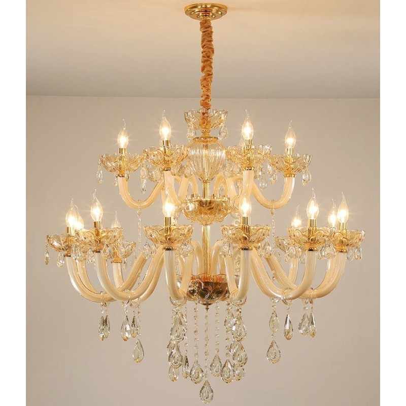 Candelabro de cristal elegante color champán de 18 (12+6) luces