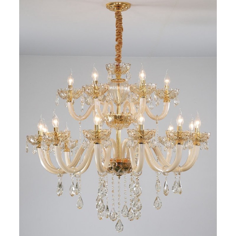 Candelabro de cristal elegante color champán de 18 (12+6) luces