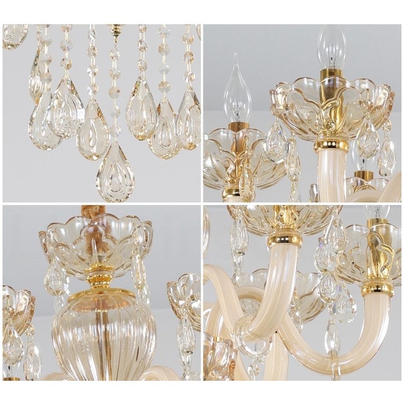Candelabro de cristal elegante color champán de 18 (12+6) luces