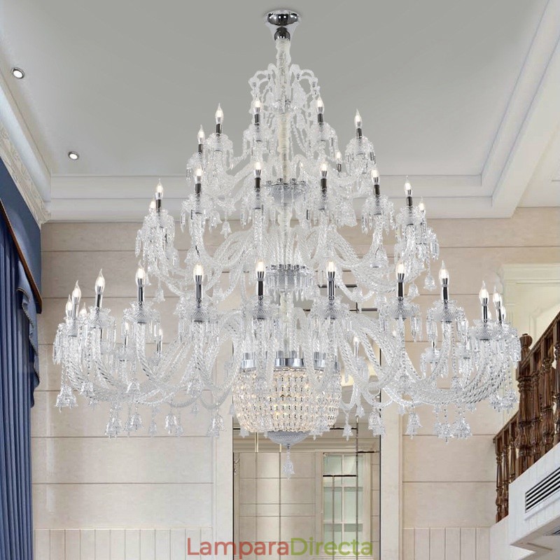 Candelabro de cristal de 50 luces transparente, elegante y lujoso, para sala de exposiciones