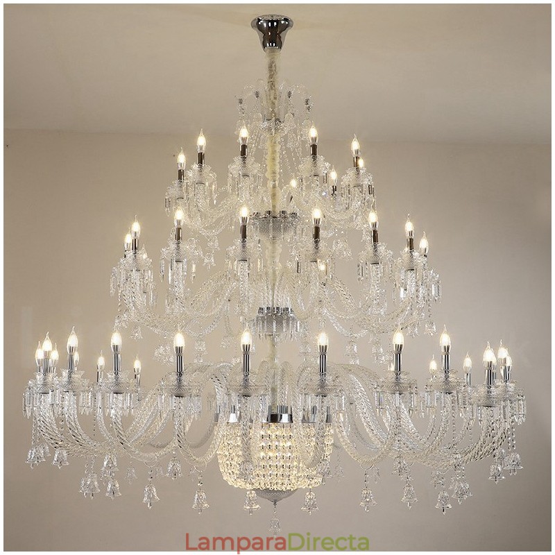 Candelabro de cristal de 50 luces transparente, elegante y lujoso, para sala de exposiciones