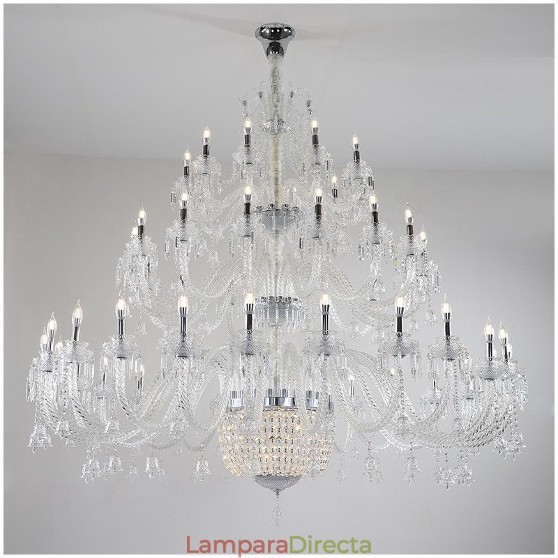 Candelabro de cristal de 50 luces transparente, elegante y lujoso, para sala de exposiciones