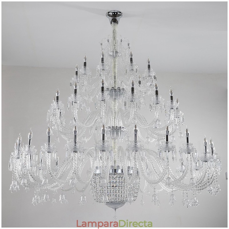 Candelabro de cristal de 50 luces transparente, elegante y lujoso, para sala de exposiciones