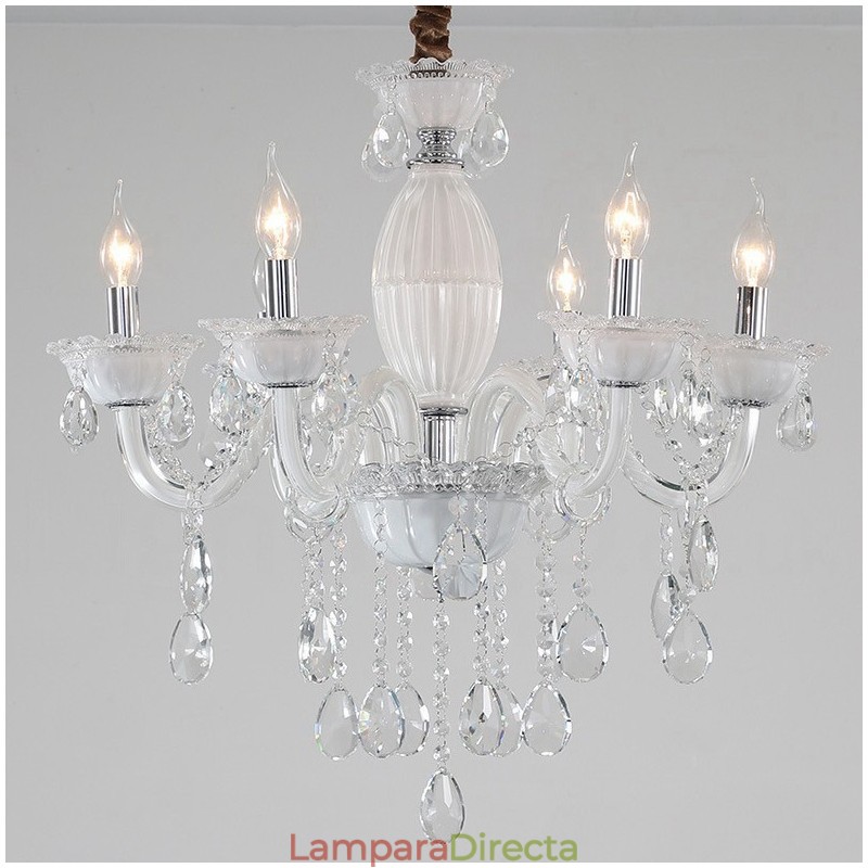 Lámpara de araña blanca de 6 luces con cristal