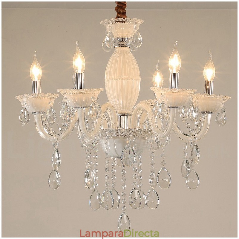 Lámpara de araña blanca de 6 luces con cristal