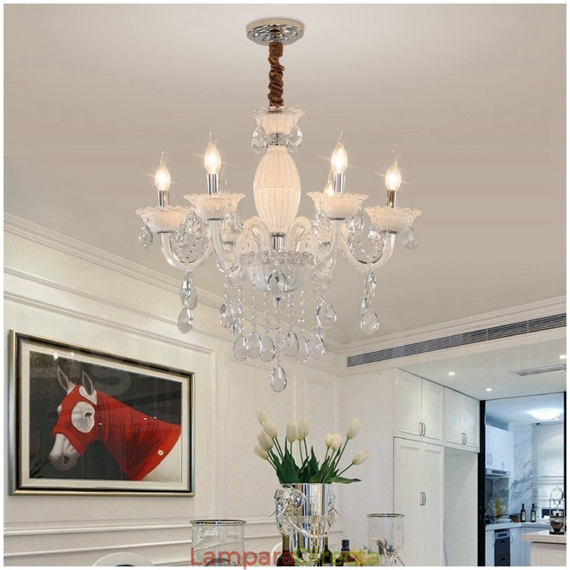 Lámpara de araña blanca de 6 luces con cristal