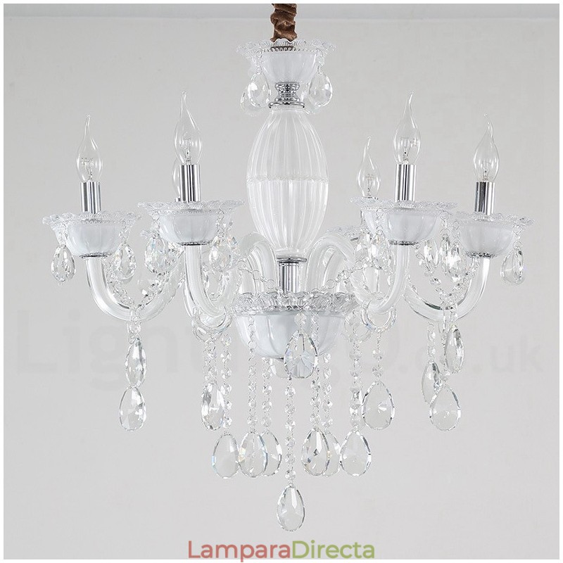 Lámpara de araña blanca de 6 luces con cristal
