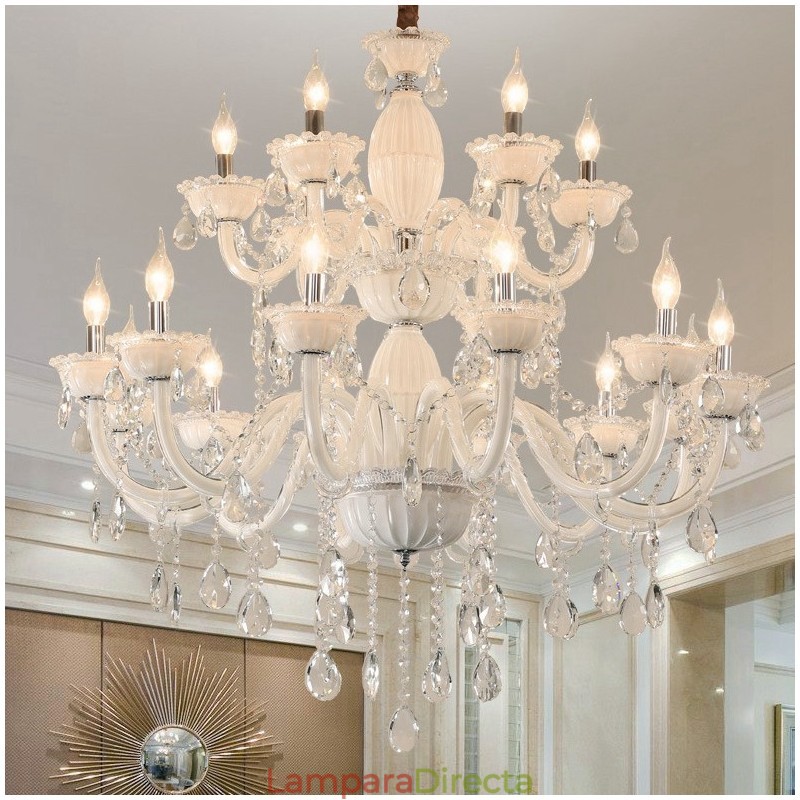 Lámpara de araña elegante de 18 (12+6) luces blancas con cristal