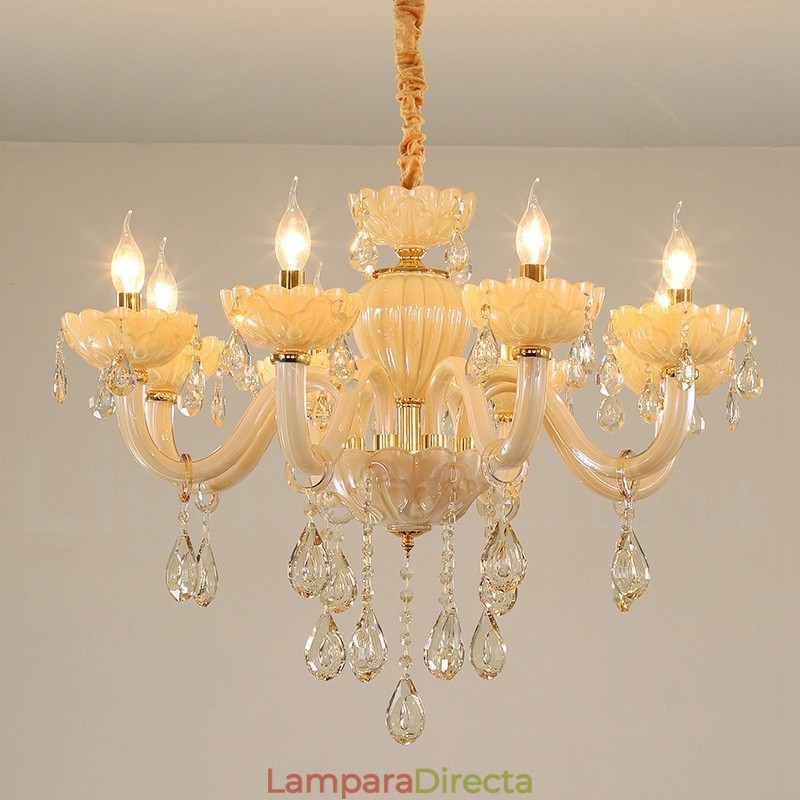 Lámpara de araña de cristal color champán de 8 luces de lujo