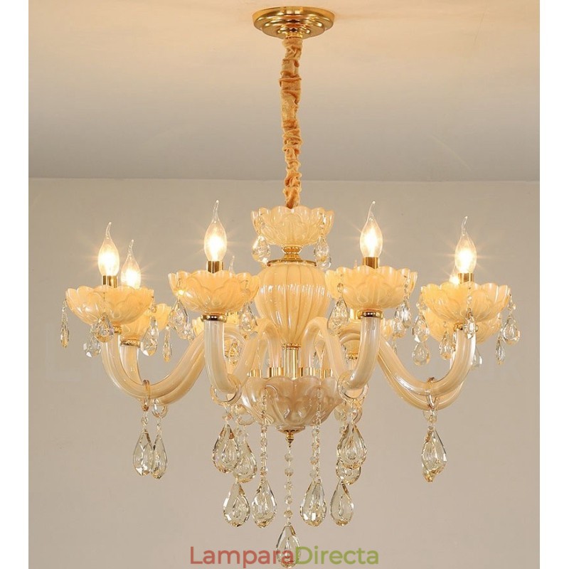 Lámpara de araña de cristal color champán de 8 luces de lujo