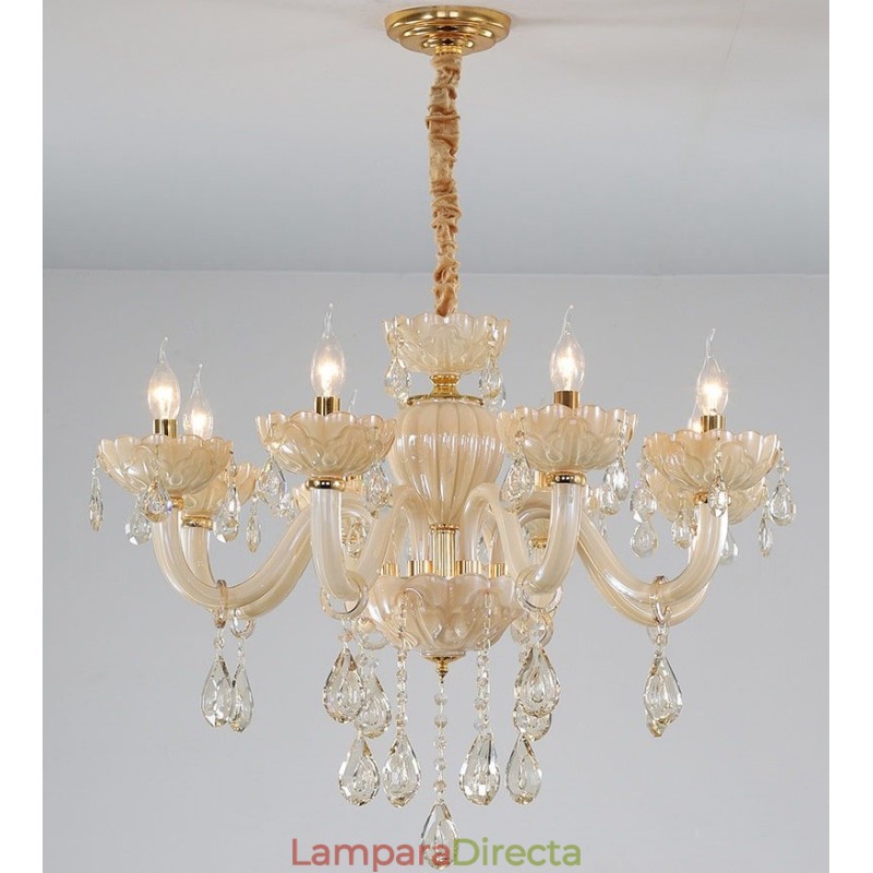 Lámpara de araña de cristal color champán de 8 luces de lujo