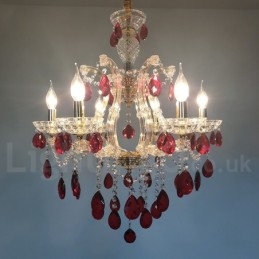 Lámpara de araña dorada de 6 luces con cristal rojo